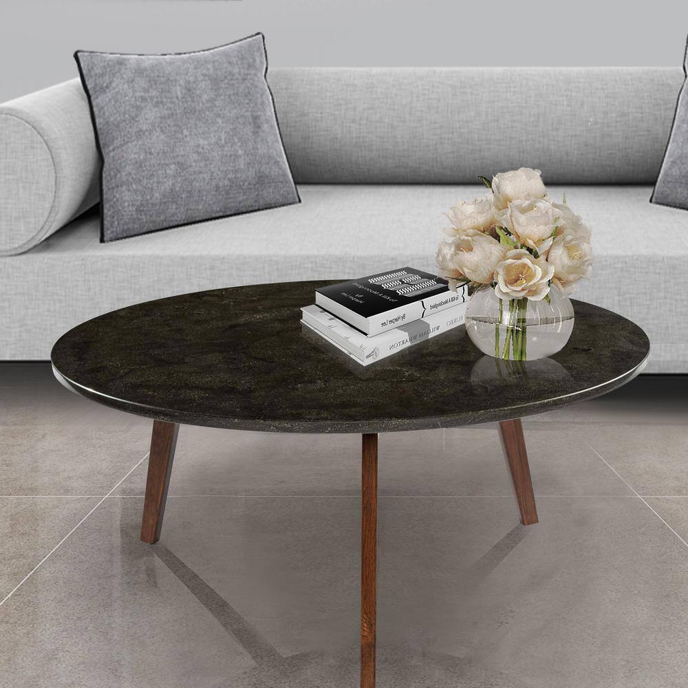 Stella 31" Round Black Marble Coffee Table with Walnut Legs