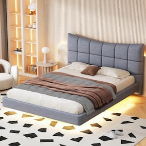 Gray Wood Frame Full Upholstered Platform Bed with LED Lights, USB Ports and Outlets