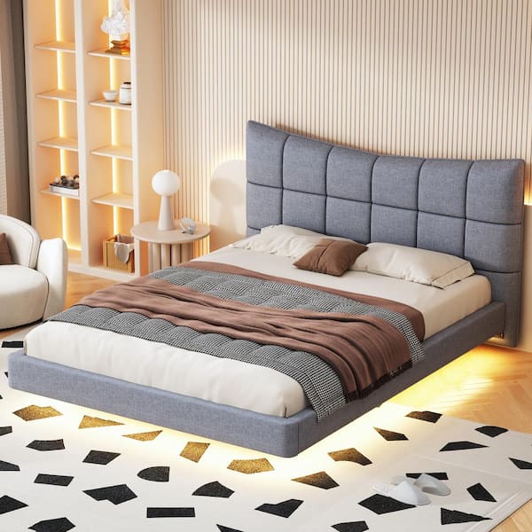 Harper & Bright Designs Gray Wood Frame Full Upholstered Platform Bed with LED Lights, USB Ports and Outlets