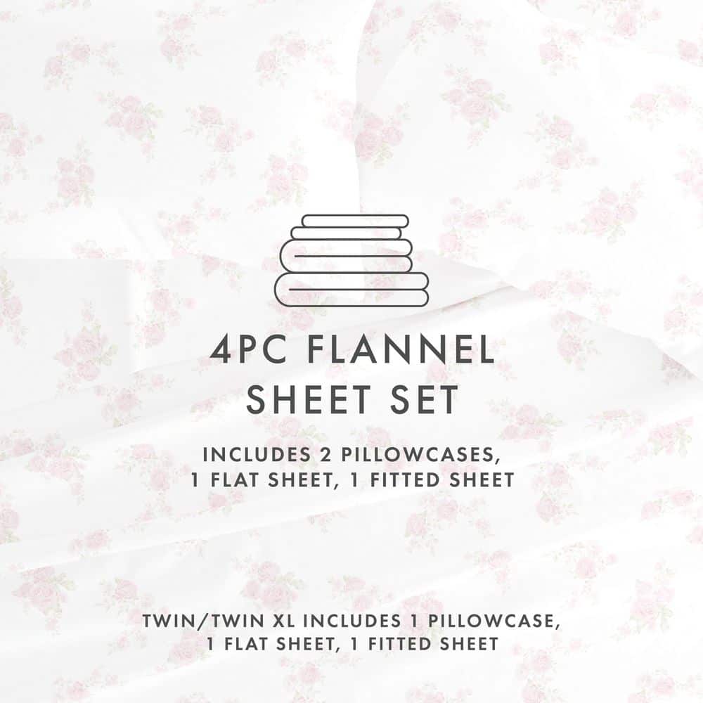 Queen Pink Floral Cotton Flannel Deep Pocket Sheet Set