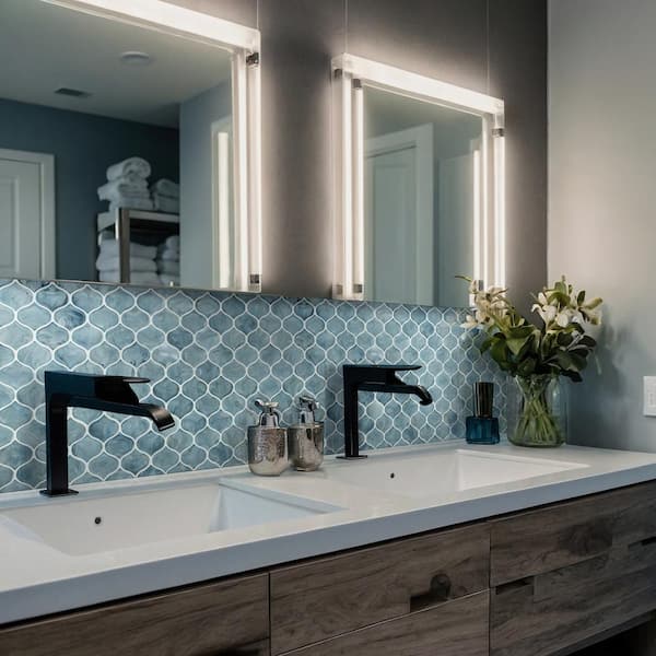 Blue Shimmer Arabesque Glossy Glass Patterned Look Wall Tile