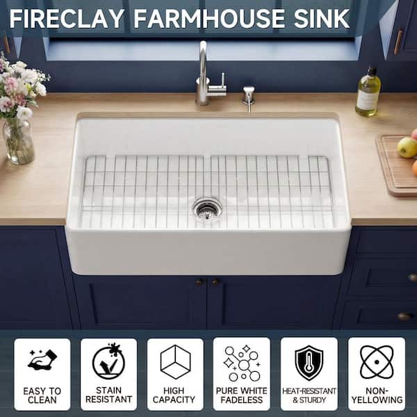 Kuomih Farmhouse Sink 36 in. Single Bowl Gloss White Fireclay