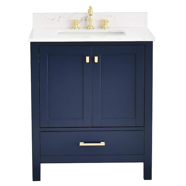 PROOX Enliven 30 in. W x 22 in. D x 39.24 in. H Freestanding Bath Vanity in Navy Blue with White Engineered Stone Top