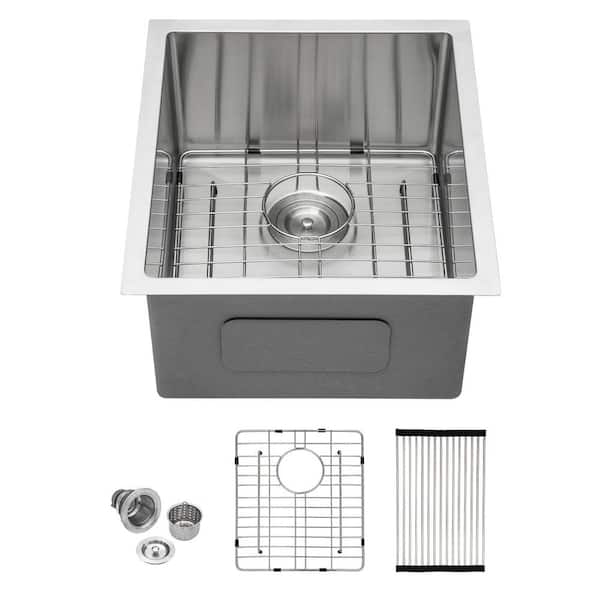 17 in. Undermount 16 Gauge Brushed Nickel Stainless Steel Kitchen Bar Sink with Bottom Grid