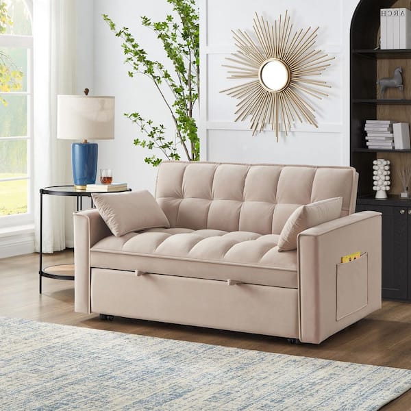 Fowler 52.5 in. Taupe Upholstered Velvet Tufted Convertible Pull-Out Twin Size Sofa Bed with Storage Pockets, Pillows