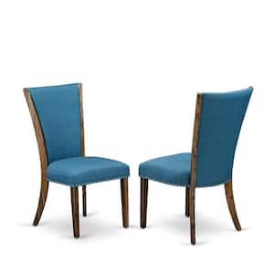 Jacobean, Parson Kitchen Chairs - Nailhead Trim Blue Color Linen Fabric Upholstered Dining Chairs, Set Of 2