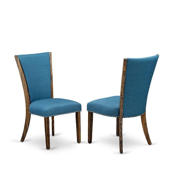 East West Furniture Jacobean, Parson Kitchen Chairs - Nailhead Trim Blue Color Linen Fabric Upholstered Dining Chairs, Set Of 2