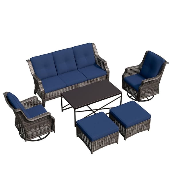 6-Piece Patio Furniture Swivel Chairs Outdoor Wicker Patio Conversation Set with Blue Cushions