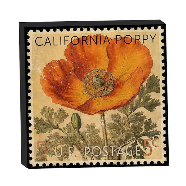 VENICE BEACH Collections California State Flower Poppy Postage Stamp by Grotto Studios 1-Piece Unframed Graphic Print Nature 20 in. x 20 in.