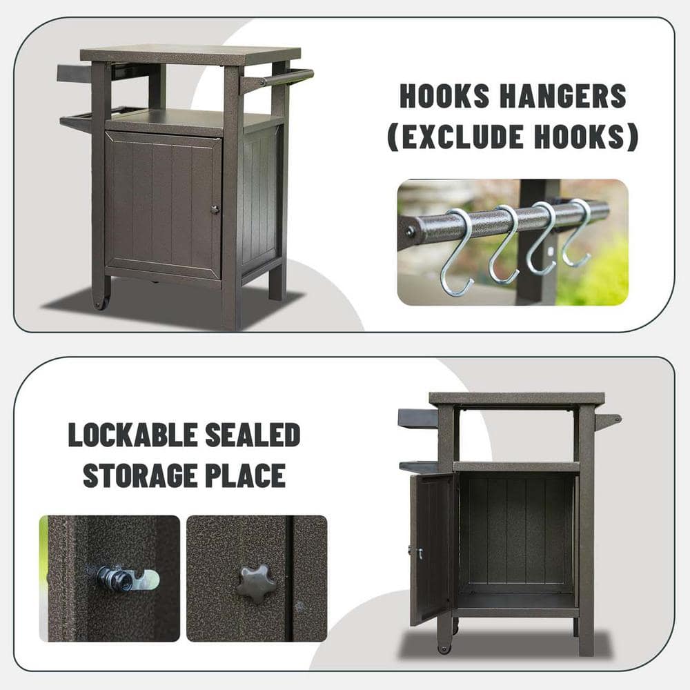 Brown Metal Outdoor Grill Cart with Storage and Wheels