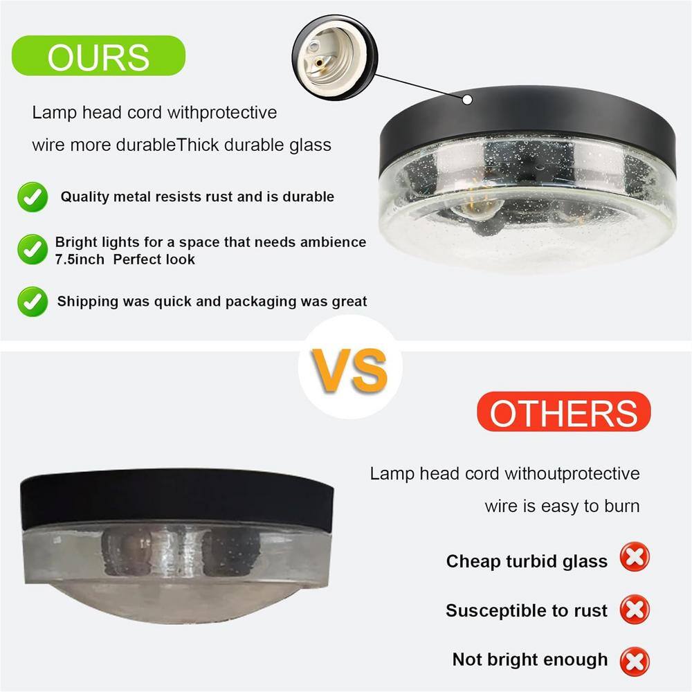 Matte Black 2-Light Flush Mount Ceiling Fixture with Seeded Glass Shade