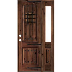 44 in. x 96 in. Medit. Knotty Alder Right-Hand/Inswing Clear Glass Red Mahogany Stain Wood Prehung Front Door w/RHSL