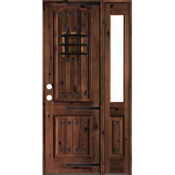 Krosswood Doors 46 in. x 96 in. Medit. Knotty Alder Right-Hand/Inswing Clear Glass Red Mahogany Stain Wood Prehung Front Door w/RHSL