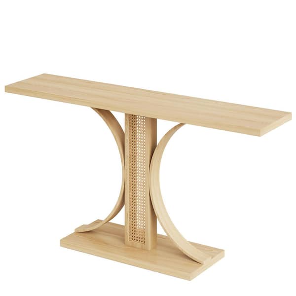 BYBLIGHT Turrella 55.12 in. Oak Rectangle Wood Console Table with Rattan Design
