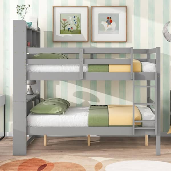 Polibi Full over Full Bunk Beds with Bookcase Headboard, Solid Wood Bed Frame with Safety Rail and Ladder, Grey