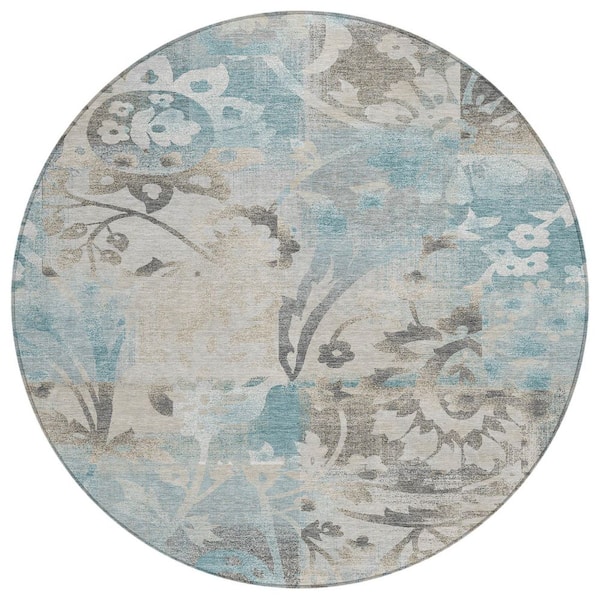Chantille Machine Washable Indoor/Outdoor Abstract ACN2915 Teal 8 ft. x 8 ft. Round Rug