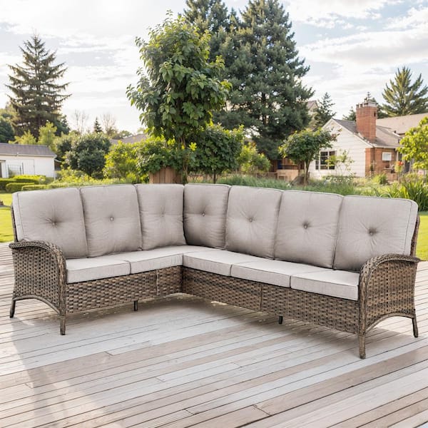2-Piece Brown Wicker Outdoor Sectional Set with Olefin Beige Cushions and L-Shaped Sofa