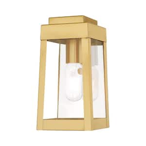 Vaughn 9.5 in. 1-Light Satin Brass Outdoor Hardwired Wall Lantern Sconce with No Bulbs Included