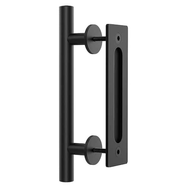 WINSOON 12 in. L Modern Rustic Frosted Black Sliding Barn Door Handle Pull and Flush Hardware Set
