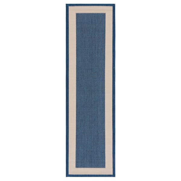 Courtyard Navy/Beige 2 ft. x 5 ft. Border Solid Color Indoor/Outdoor Runner Rug