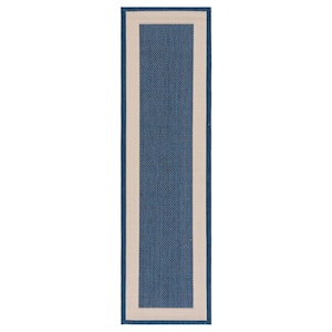 Courtyard Navy/Beige 2 ft. x 8 ft. Runner Border Solid Color Indoor/Outdoor Area Rug