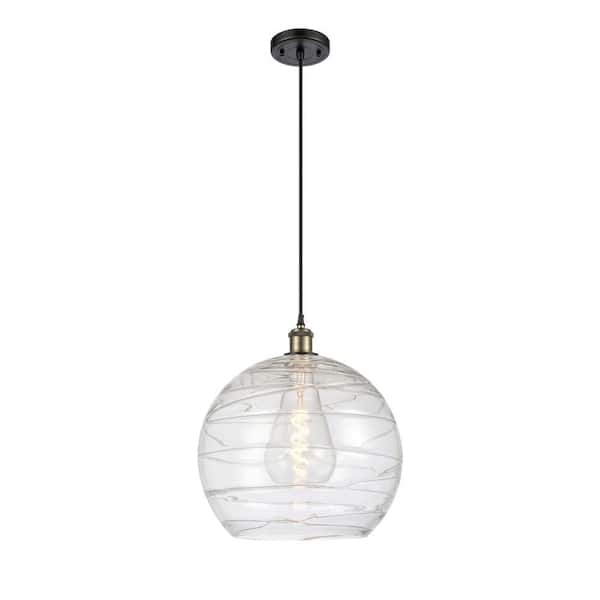 Athens Deco Swirl 1-Light Black Antique Brass Globe Pendant Light with Clear Deco Swirl Glass Shade