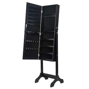 Black Whole Body Mirror Wood Floor Standing 4-Layer Shelf Jewelry Armoire Storage Cabinet 61 in. H x 19 in. W x 16 in. D