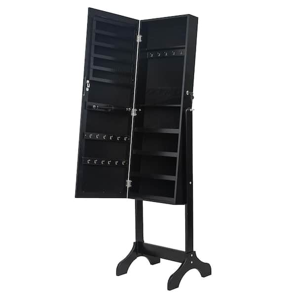 Outopee Black Whole Body Mirror Wood Floor Standing 4-Layer Shelf Jewelry Armoire Storage Cabinet 61 in. H x 19 in. W x 16 in. D