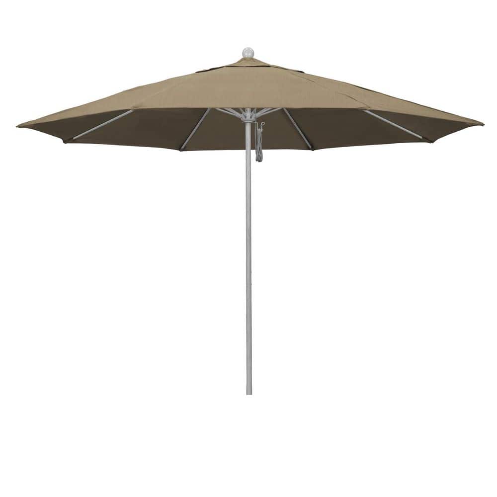 11 ft. Grey Woodgrain Aluminum Market Patio Umbrella with Fiberglass Ribs Pulley Lift in Heather Beige Sunbrella price history on PriceWatchPro