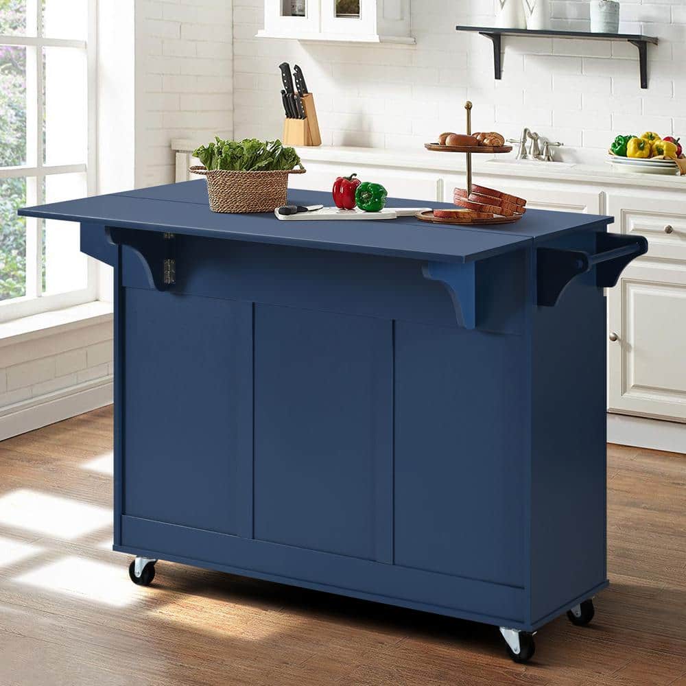 Navy Blue Wood MDF 53.15 in. W Rolling Kitchen Island with Spice Rack, Towe