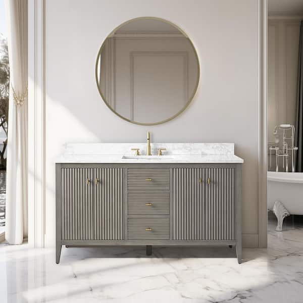 Vanity Art 60 in. W x 22 in D x 38 in. H Single Sink Bath Vanity Cabinet in Linear Driftwood Gray with White Engineered Marble Top