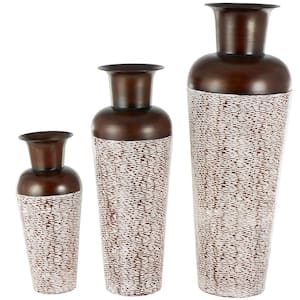 White Tall Spotted Tapered Floor Metal Decorative Vase with Brown Trumpet Tops (Set of 3)