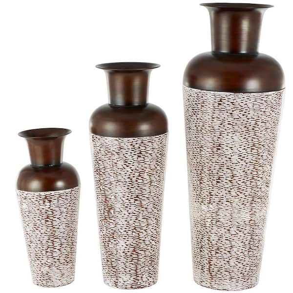 Litton Lane White Tall Spotted Tapered Floor Metal Decorative Vase with Brown Trumpet Tops (Set of 3)