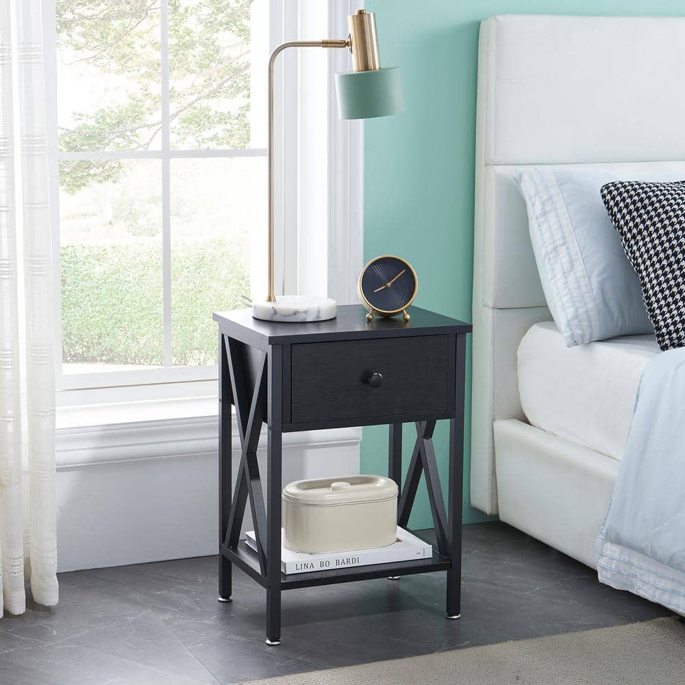 Versatile Nightstands X-Design Side End Table Night Stand Storage Shelf with Bin Drawer 11.8"W x 15.8"L x 21.7"H, Black