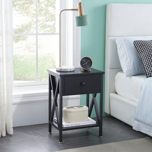 VECELO Versatile Nightstands X-Design Side End Table Night Stand Storage Shelf with Bin Drawer 11.8"W x 15.8"L x 21.7"H, Black