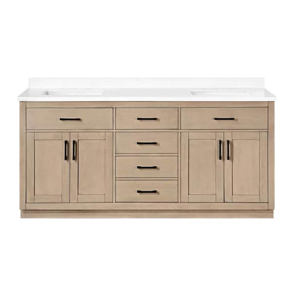 Bailey 72 in. Double Sink Sahara Birch Bath Vanity with White Quartz Top and Integrated Power Outlet (Assembled)
