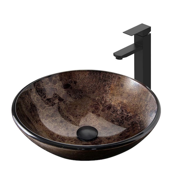 16.5 in. Vessel Bathroom Sink, Tempered Glass Vanity Round Bowl with Black Faucet and Pop up drain Set, Brown