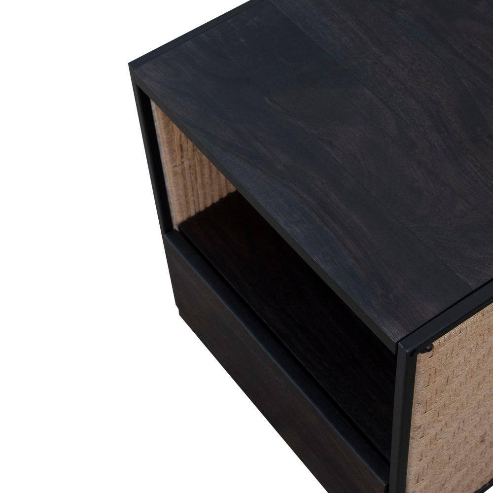 Cottage Charm Acacia Wood & Woven Jute Nightstand - Brown/Black