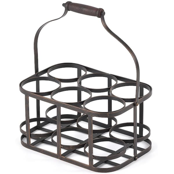 Metal Black Wine Bottle Carrier with 6 Bottle, Wood Handle, Vintage for Kitchen, Bar, BBQ, Picnic, and Carrying Milk