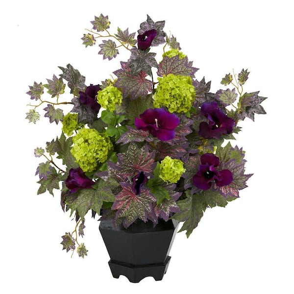 Nearly Natural 21 in. H Purple and Green Morning Glory and Hydrangea Arrangement
