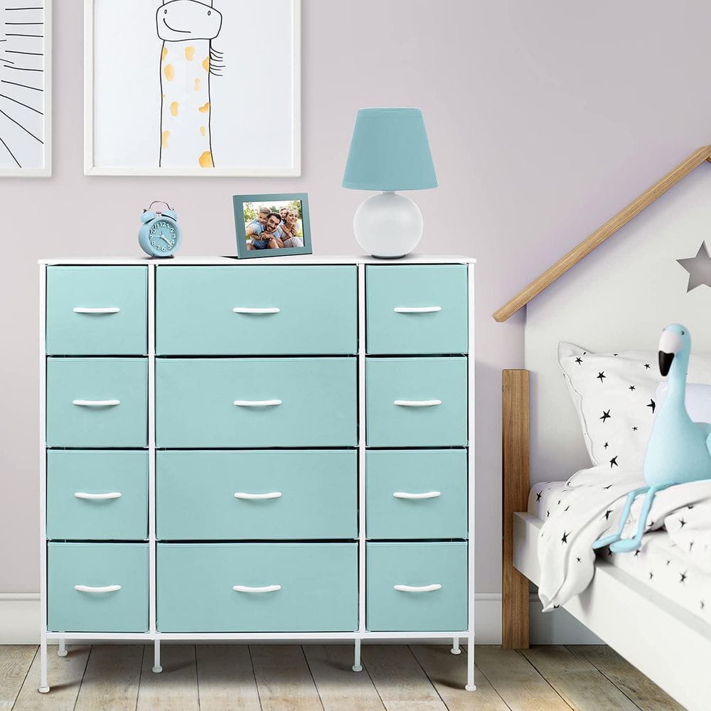 Aqua 12-Drawer Fabric Dresser with Steel Frame