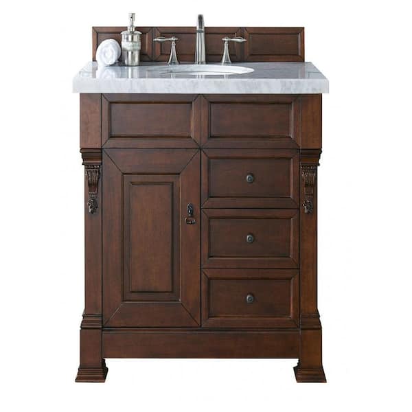 James Martin Vanities Brookfield 36 in. W Single Vanity with Drawers in Warm Cherry with Marble Vanity Top in Carrara White with White Basin