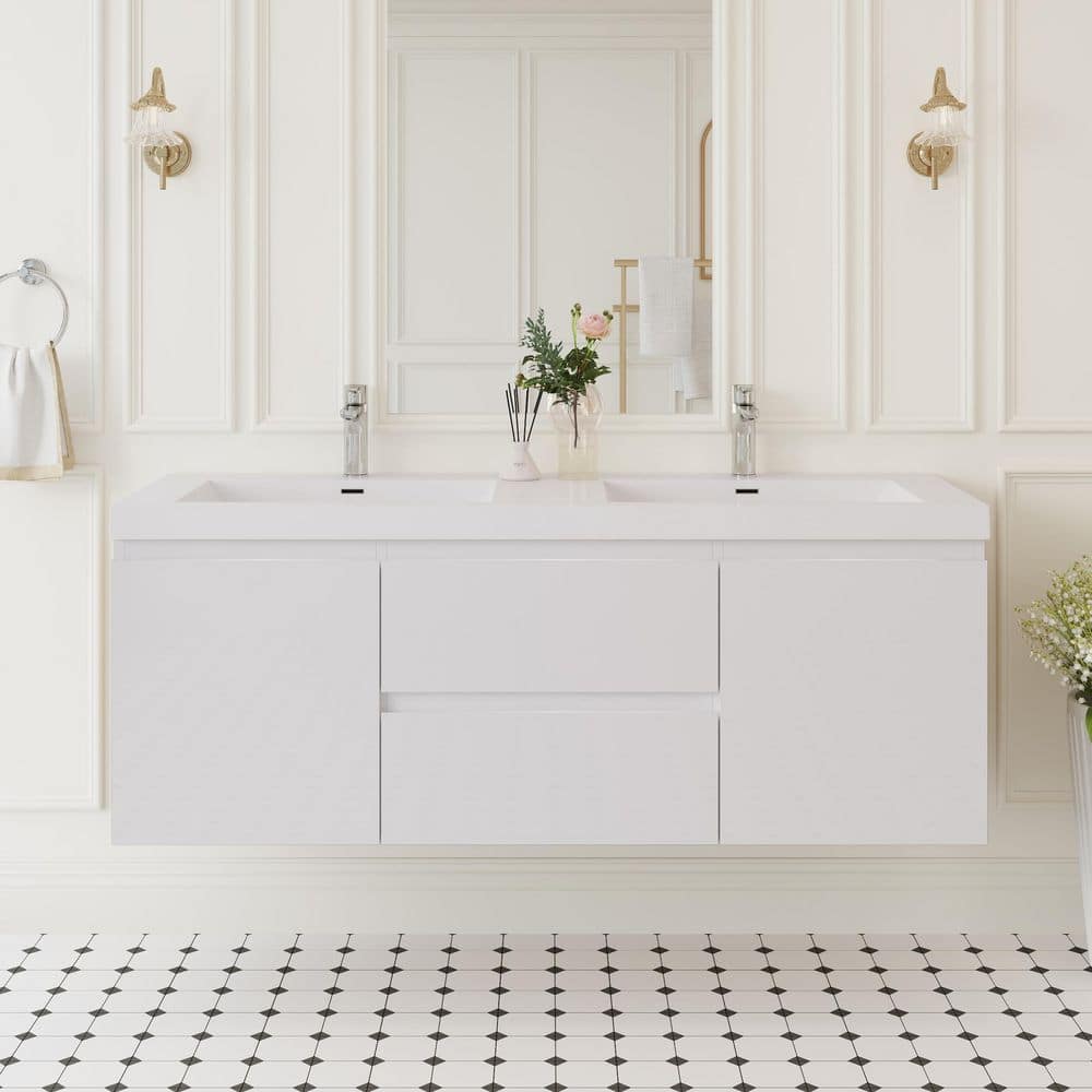 59.06 in. W x 19.69 in. D x 22.44 in. H Wall Hung Bath Vanity in Glossy White with Resin Double Basin Top in White price history on PriceWatchPro