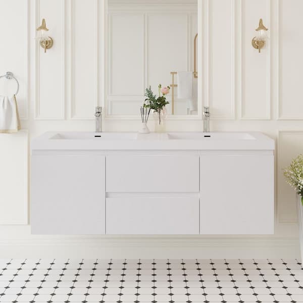 59.06 in. W x 19.69 in. D x 22.44 in. H Wall Hung Bath Vanity in Glossy White with Resin Double Basin Top in White
