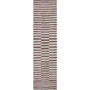 Sukie Modern Offset Stripe Brown/Beige 2 ft. x 8 ft. Indoor/Outdoor Runner Rug