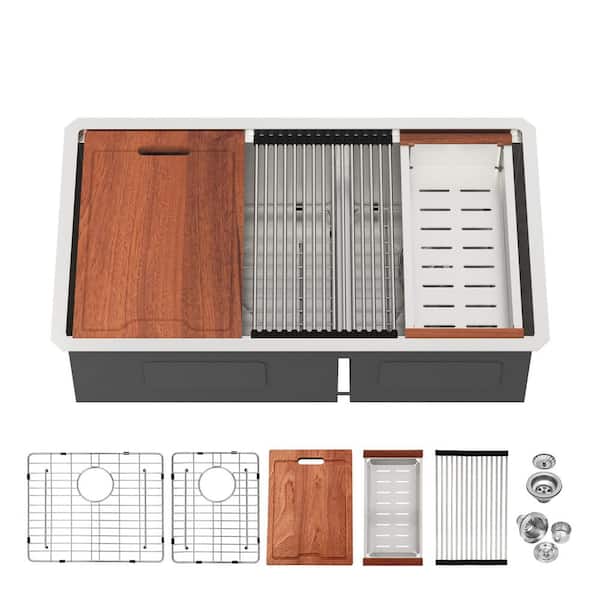 30 in. Drop-in 60/40 Double Bowl 16 Gauge Brushed Nickel Stainless Steel Kitchen Sink and Basin Rack