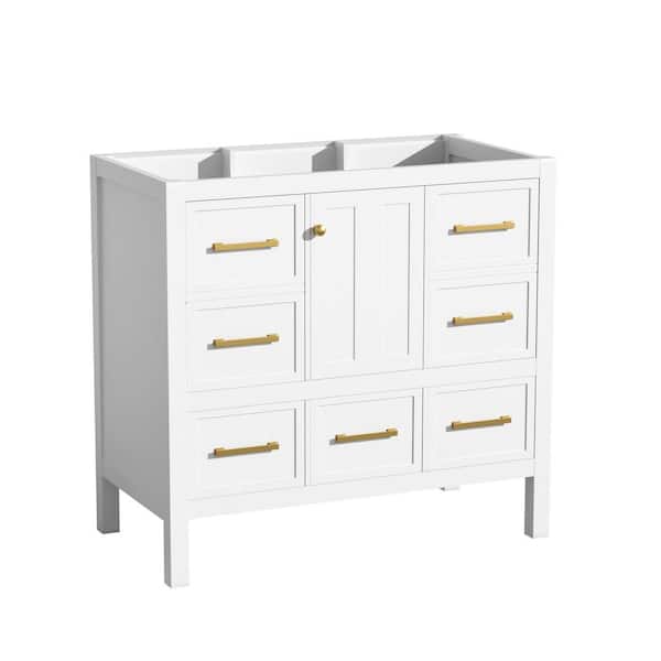 35.5 in. W x 17.8 in. D x 33 in. H Wood Bath Vanity Cabinet without Top with 7-Drawers and 1-Door in White