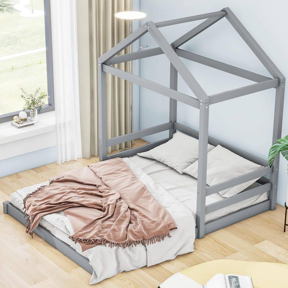 Gray Wood Frame Full Size Platform Bed with Guardrail price history on PriceWatchPro