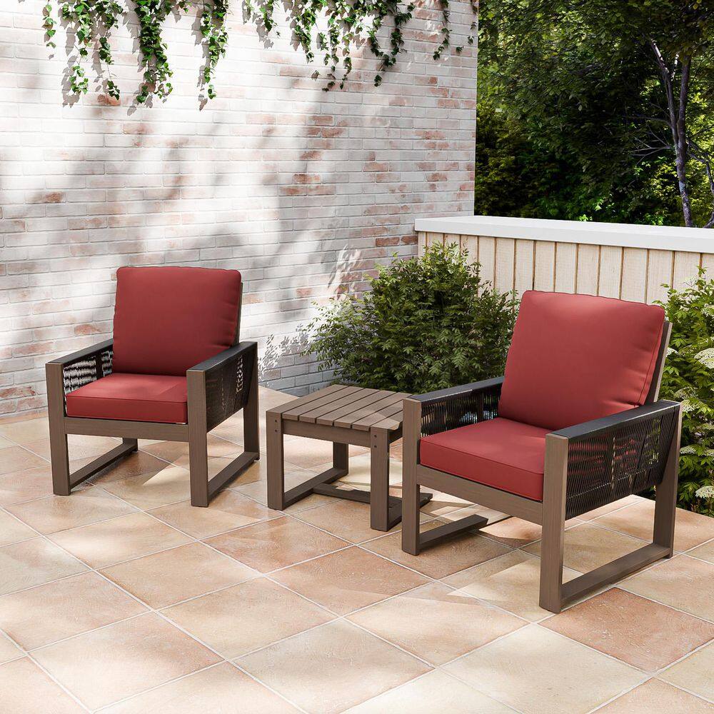 3-Piece Wood Outdoor Patio Conversation Set with Lounge Chairs, Outdoor Sofa Seating Set with Red Cushions price history on PriceWatchPro