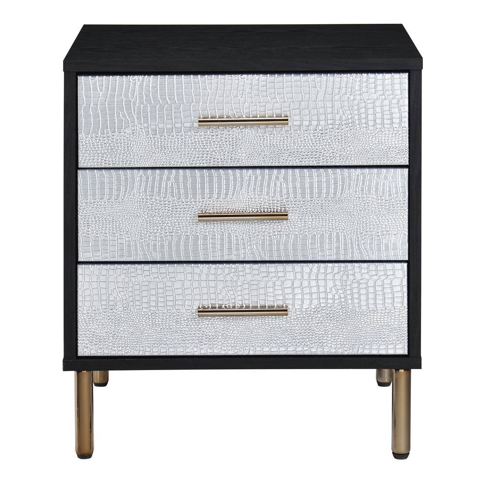 Black, Silver, and Gold 3-Drawer Faux Crocodile Nightstand
